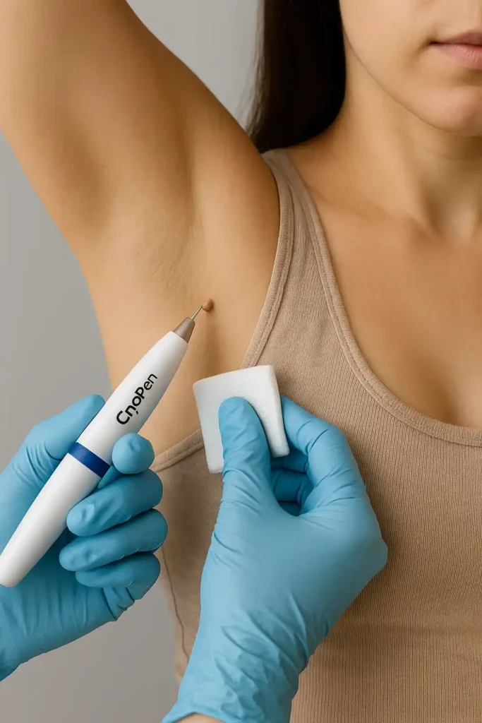 woman having cryopen to remove underarm skin tags Romsey