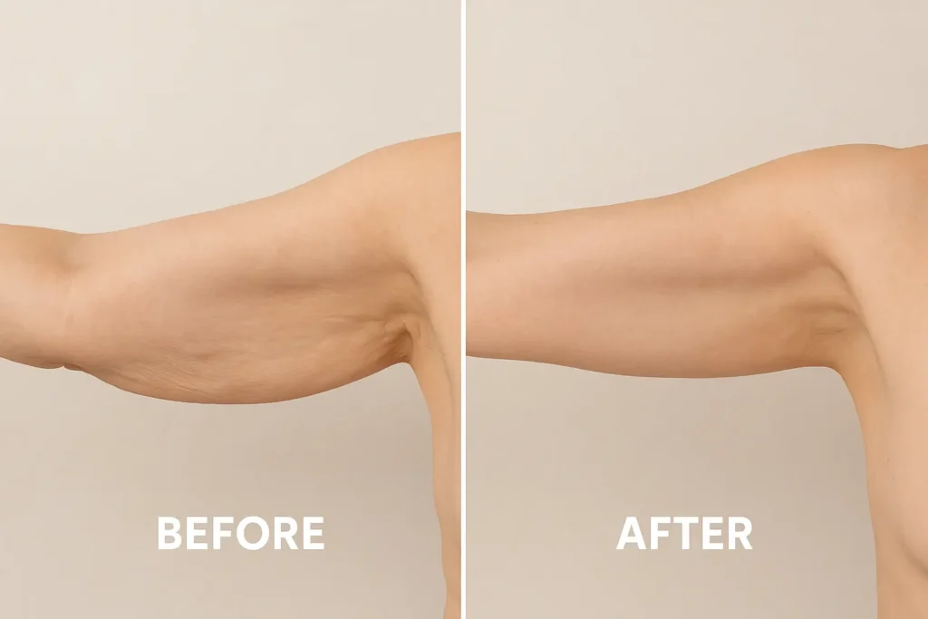 Picture of LA LIPO Romsey before and after results of skin tightening treatment on the upper arms.