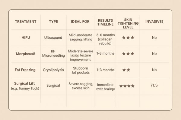 Table showing the comparisons of Skin tightening Romsey treatment options.